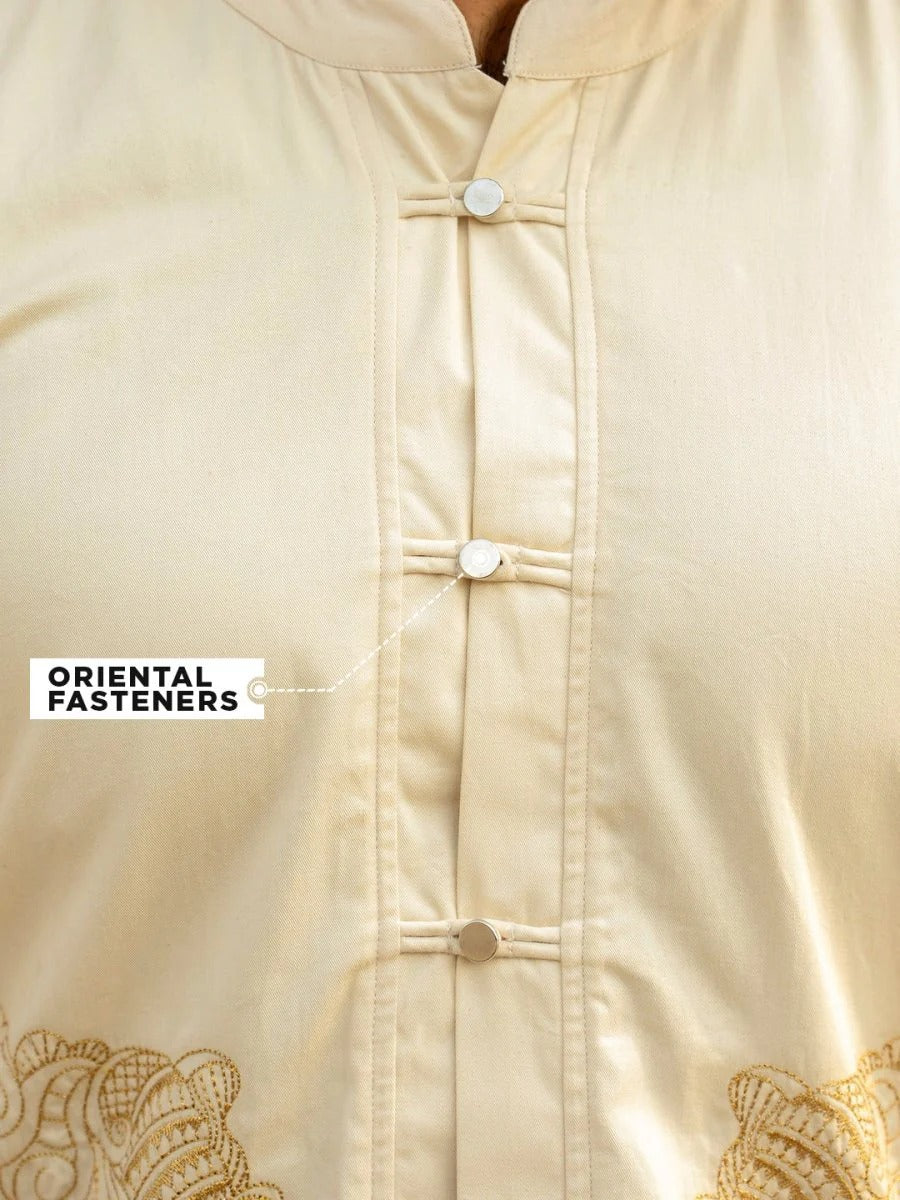 Glarry Simha Yali Embroidered Premium Full Sleeve Casual Shirt for Men | Beige Mandarin Collar Designer Shirt