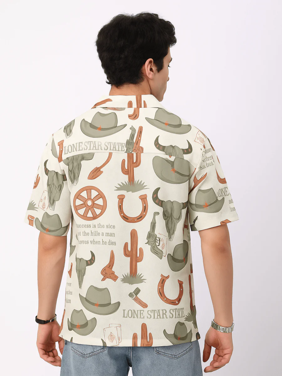 Glarry Lone Star Western Printed Premium Half Sleeve Casual Shirt for Men | Beige Cowboy Graphic Designer Shirt