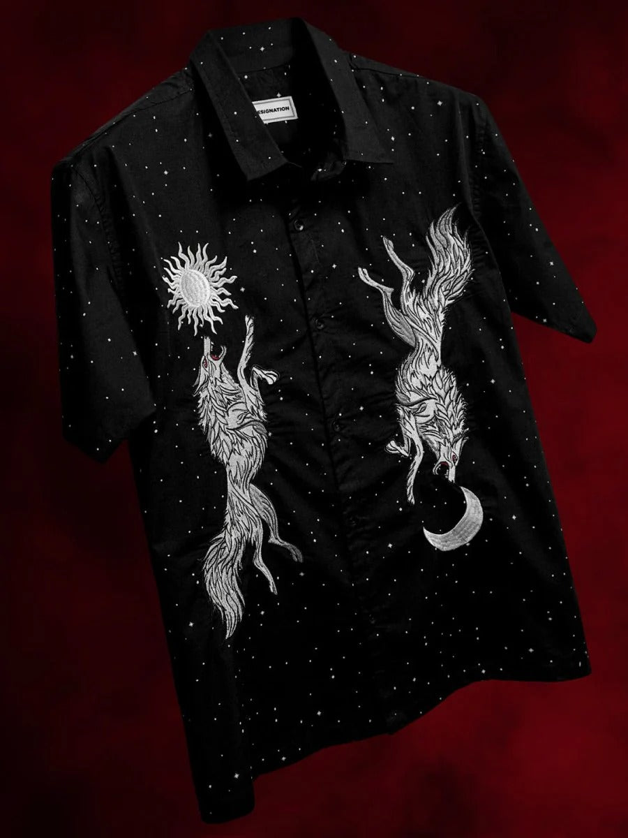 Glarry Celestial Wolf Printed Premium Half Sleeve Casual Shirt for Men | Black Graphic Designer Party Wear Shirt