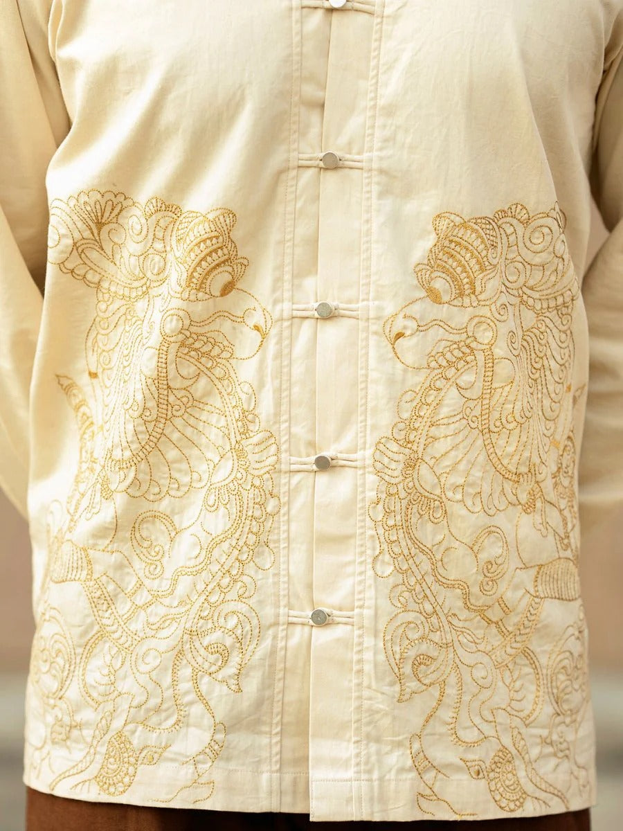 Glarry Simha Yali Embroidered Premium Full Sleeve Casual Shirt for Men | Beige Mandarin Collar Designer Shirt