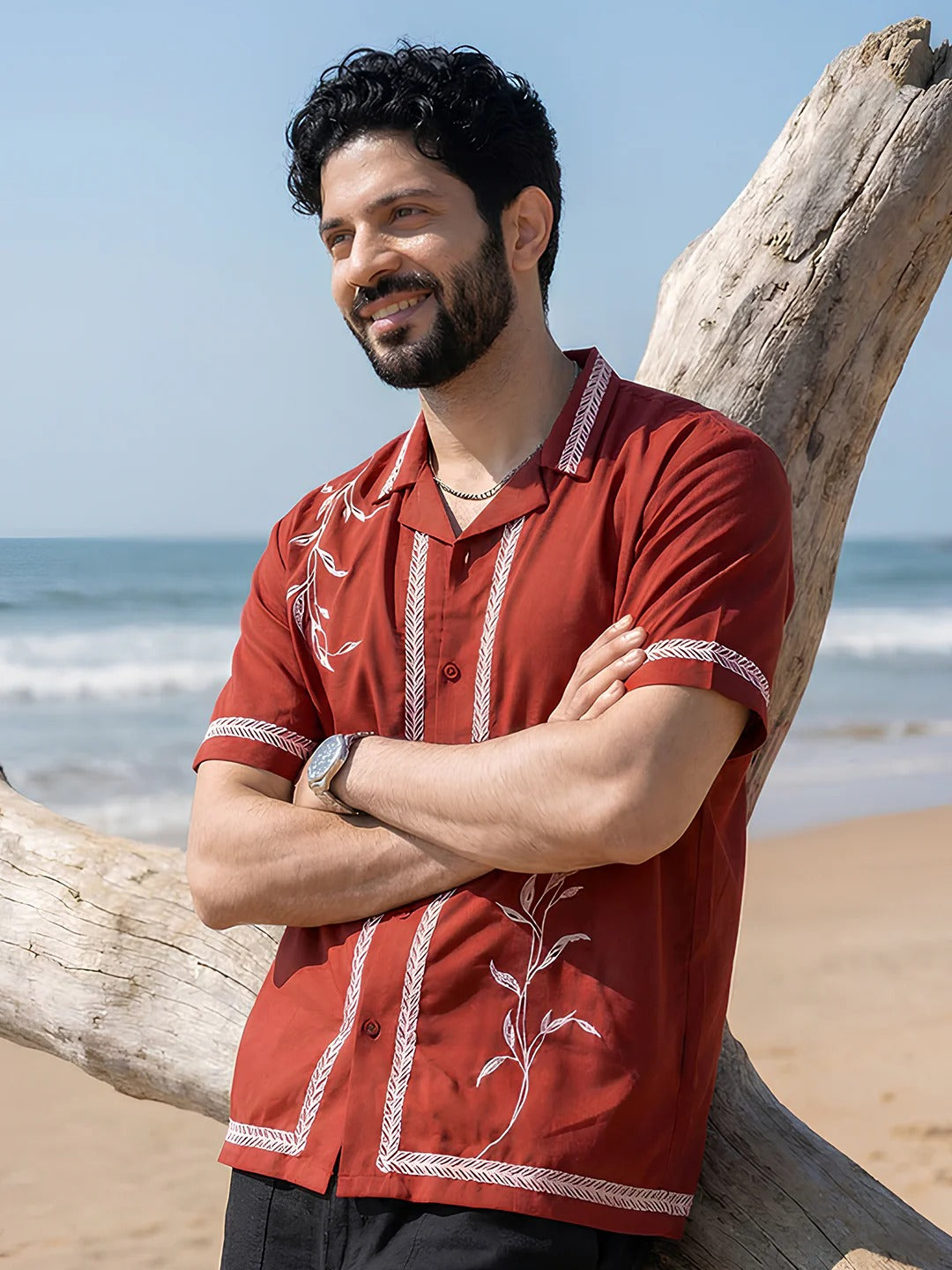 Glarry Crimson Leaf Embroidered Premium Half Sleeve Casual Shirt for Men | Maroon Resort Style Designer Shirt