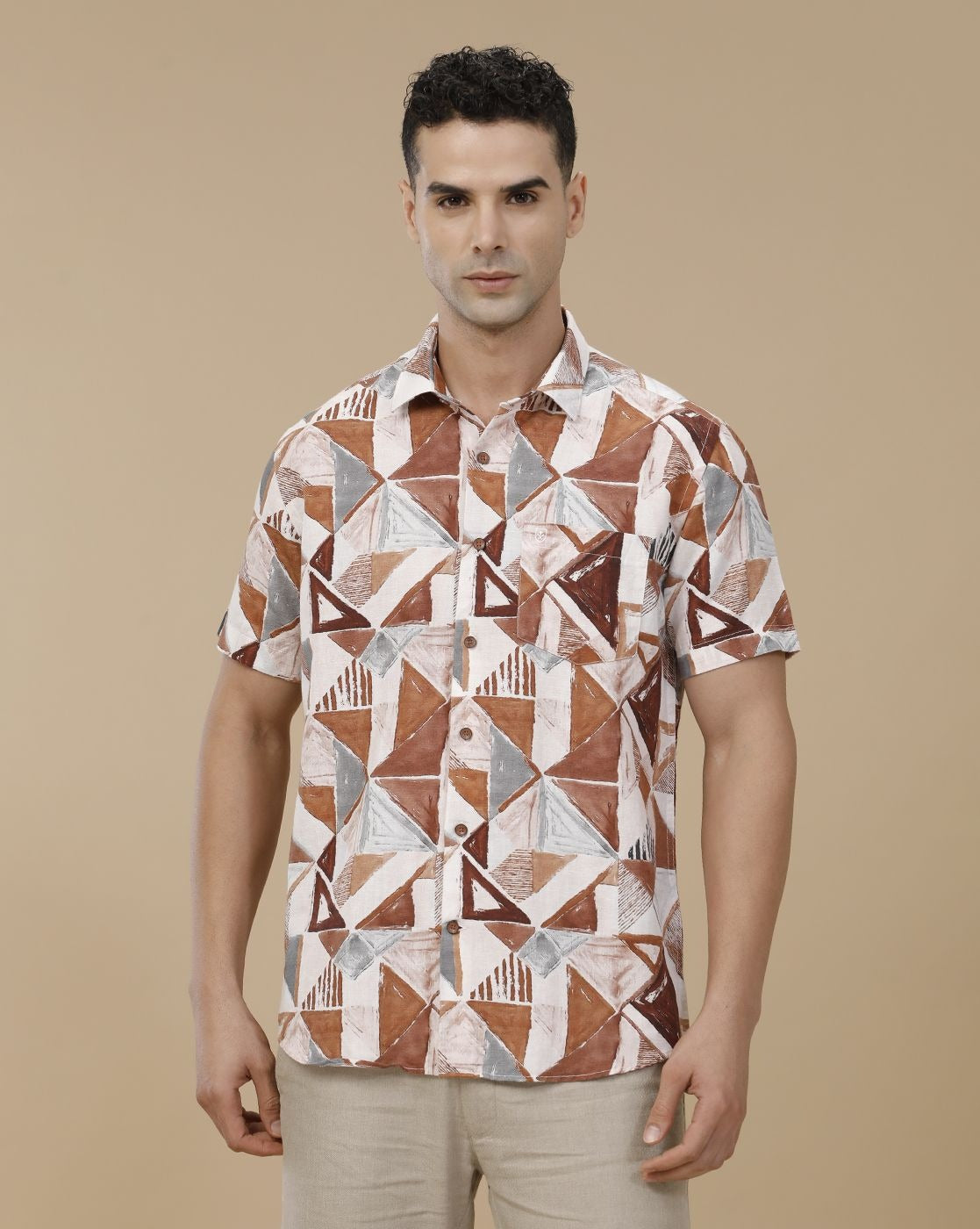 Glarry Geo Abstract Printed Premium Half Sleeve Casual Shirt for Men | Beige & Brown Designer Geometric Shirt