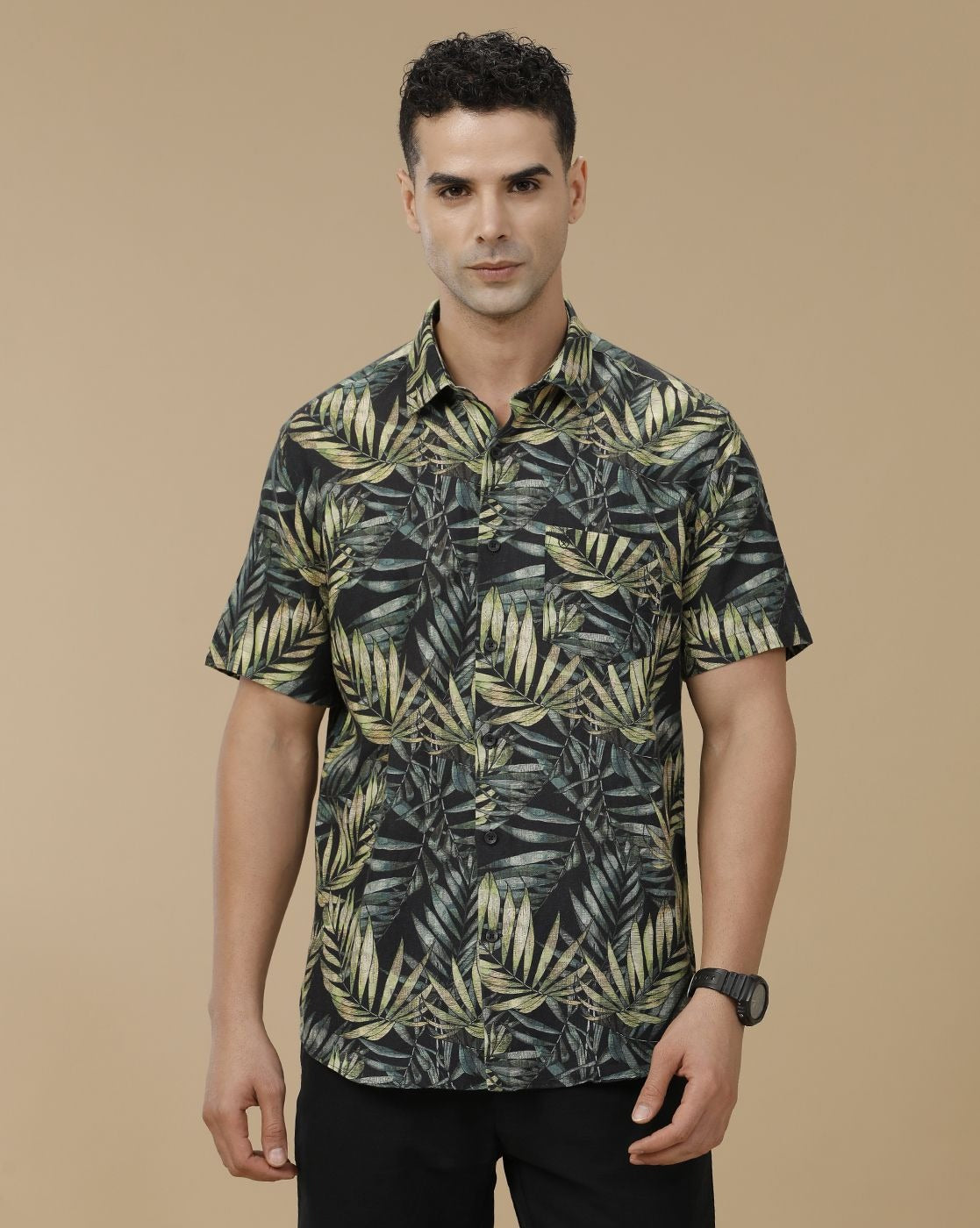 Glarry Tropical Palm Printed Premium Half Sleeve Casual Shirt for Men | Black Botanical Designer Shirt
