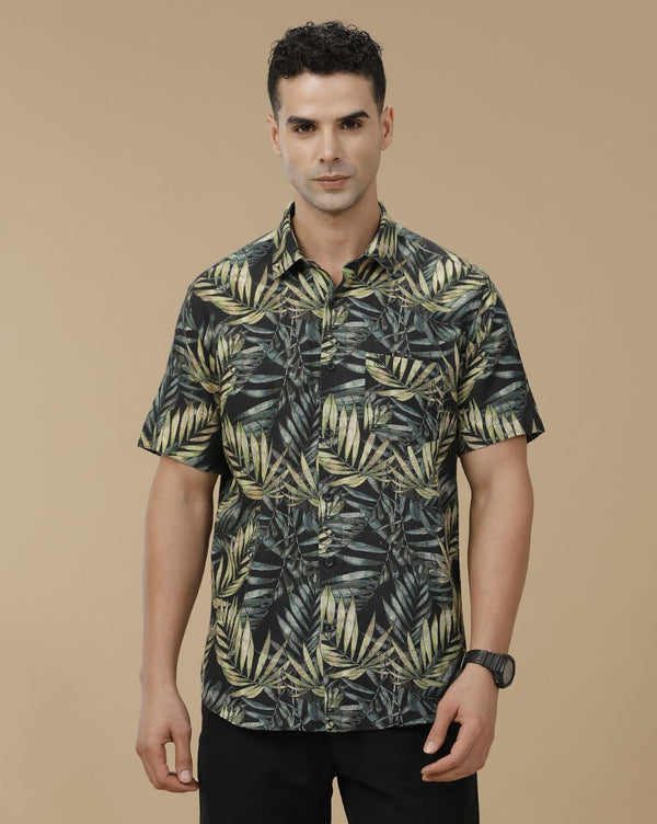 Glarry Tropical Palm Printed Premium Half Sleeve Casual Shirt for Men | Black Botanical Designer Shirt