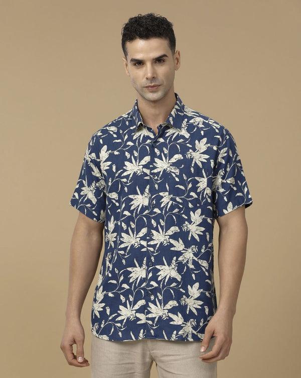 Glarry Botanical Floral Printed Premium Half Sleeve Casual Shirt for Men | Navy Blue Tropical Designer Shirt