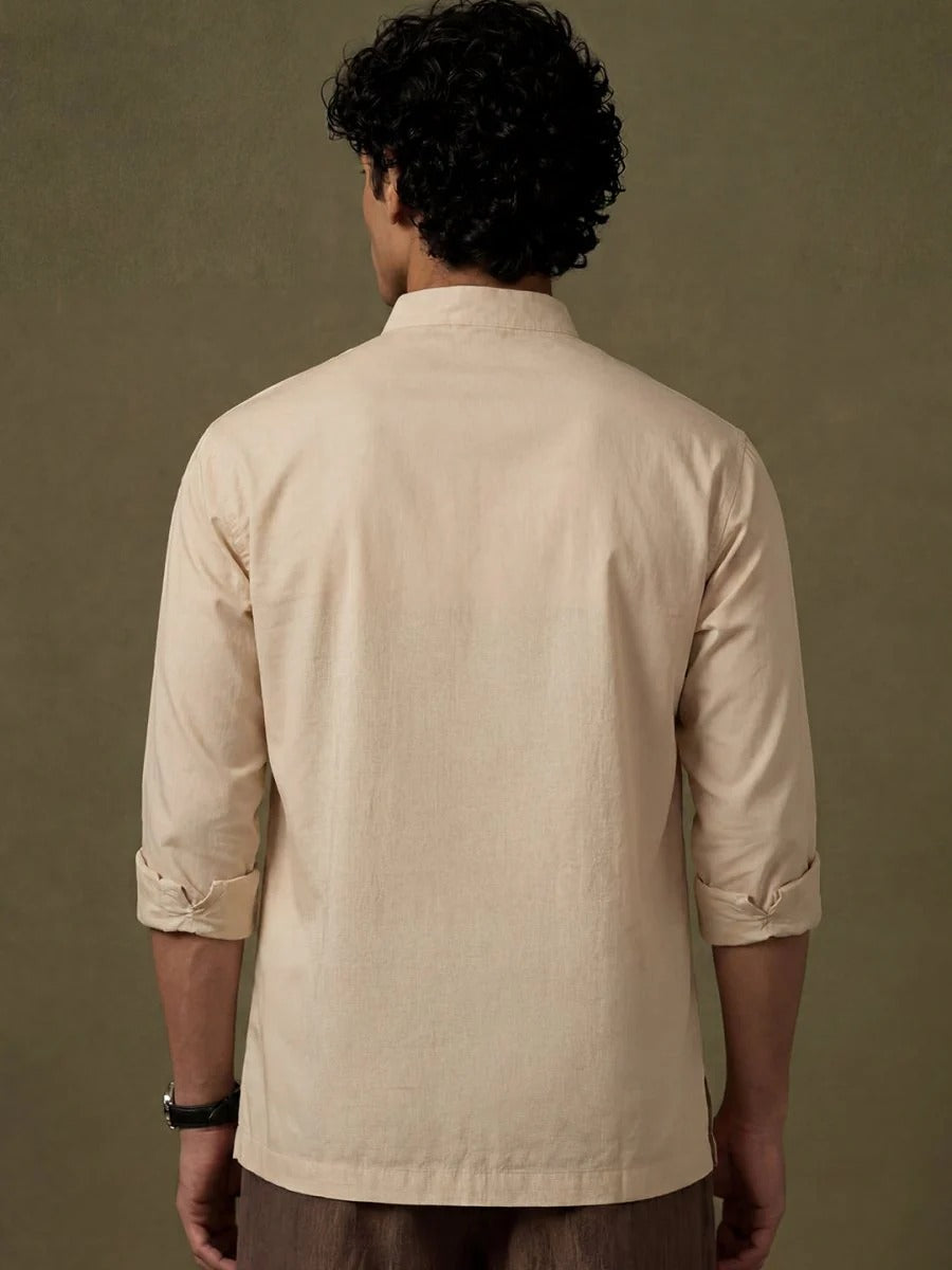 Glarry Simha Yali Embroidered Premium Full Sleeve Casual Shirt for Men | Beige Mandarin Collar Designer Shirt