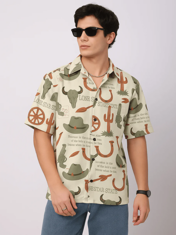 Glarry Lone Star Western Printed Premium Half Sleeve Casual Shirt for Men | Beige Cowboy Graphic Designer Shirt
