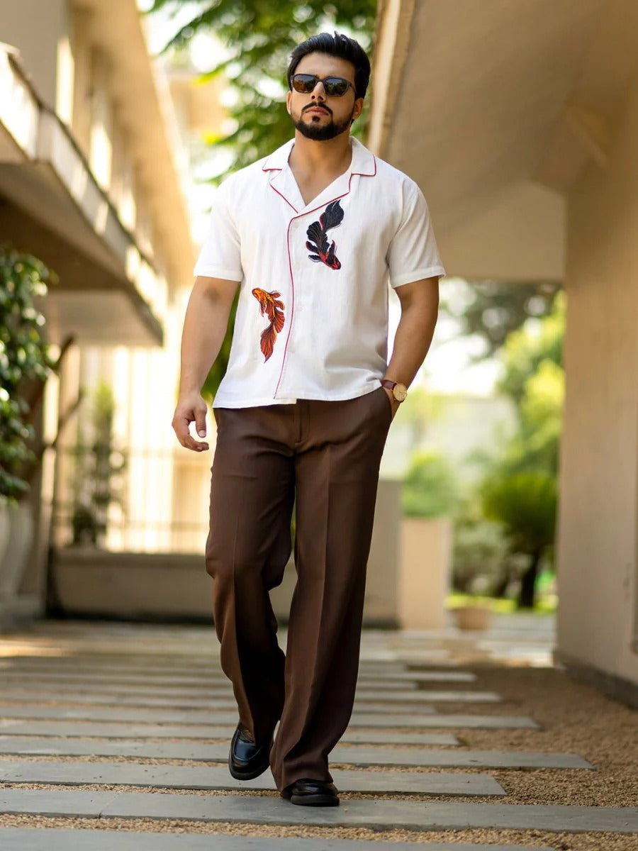 Glarry Twin Fish Embroidered Premium Half Sleeve Casual Shirt for Men | White Resort Style Designer Shirt