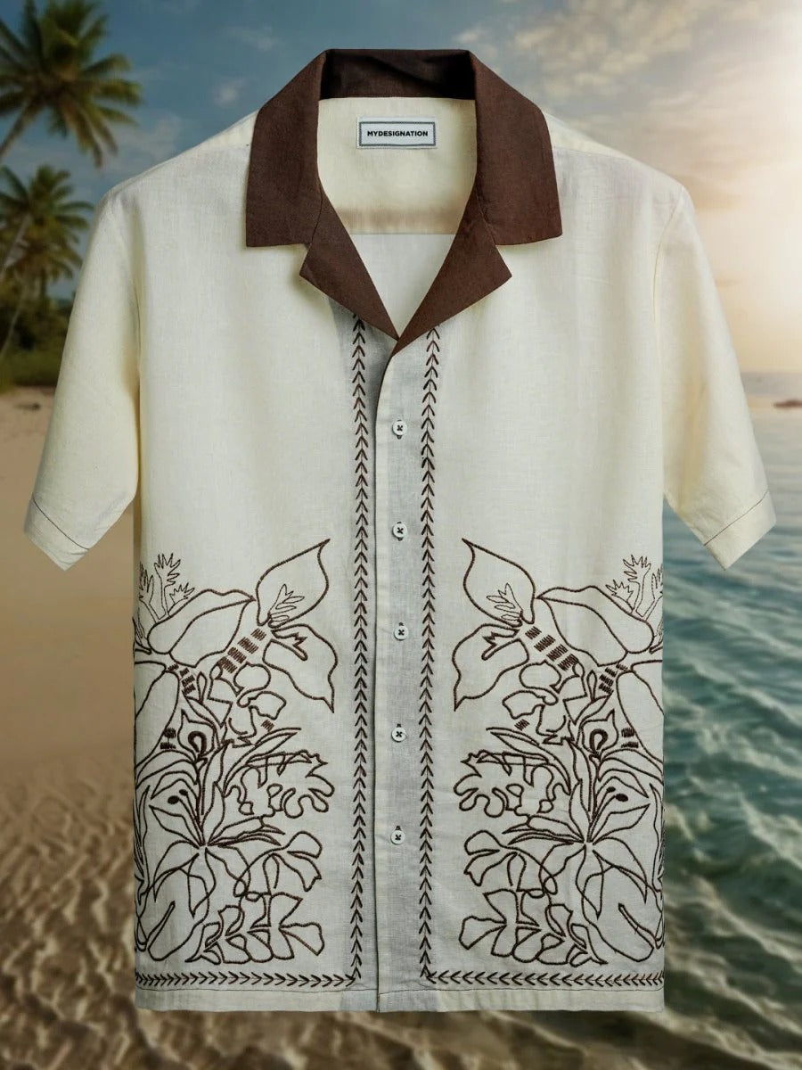 Glarry Coastal Bloom Embroidered Premium Half Sleeve Casual Shirt for Men | Beige & Brown Resort Style Designer Shirt