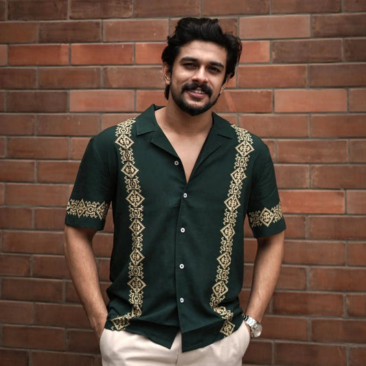Glarry Heritage Panel Printed Premium Half Sleeve Casual Shirt for Men | Dark Green Resort Style Designer Shirt
