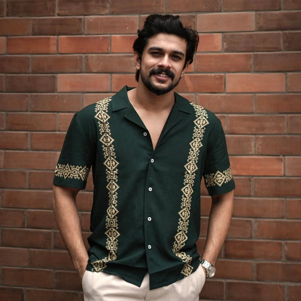 Glarry Heritage Panel Printed Premium Half Sleeve Casual Shirt for Men | Dark Green Resort Style Designer Shirt