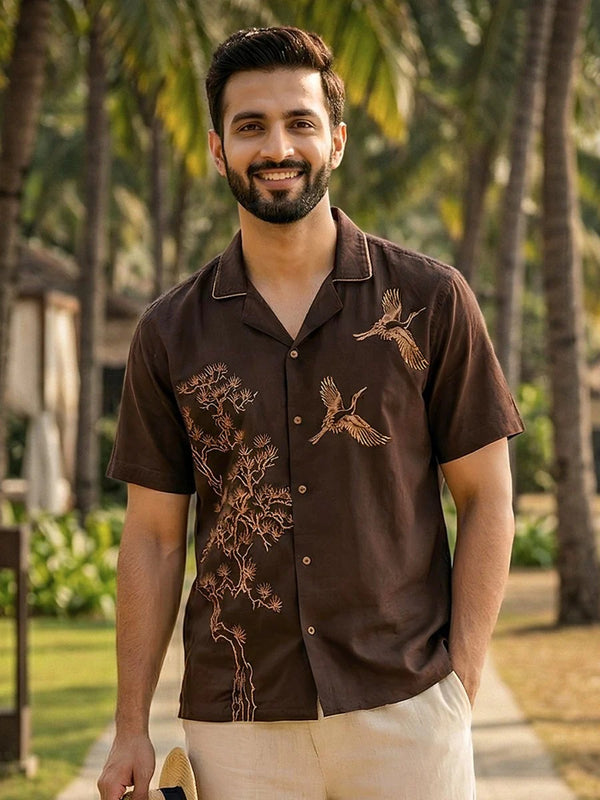 Glarry Bonsai Crane Embroidered Premium Half Sleeve Casual Shirt for Men | Brown Resort Style Designer Shirt