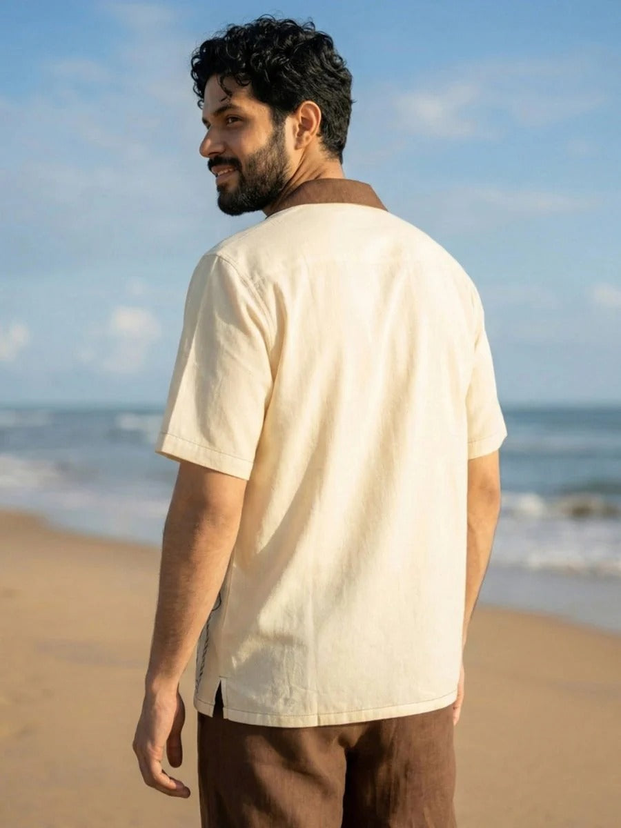 Glarry Coastal Bloom Embroidered Premium Half Sleeve Casual Shirt for Men | Beige & Brown Resort Style Designer Shirt