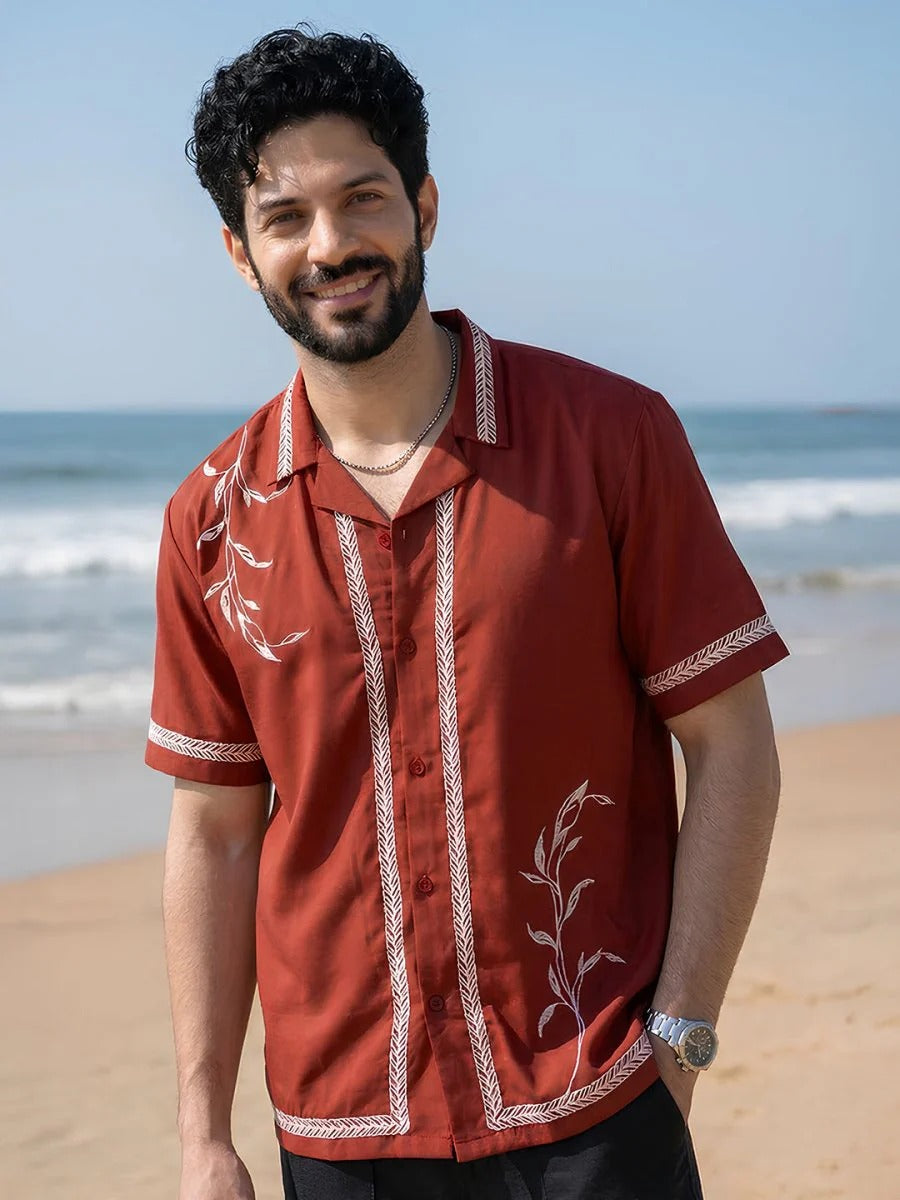 Glarry Crimson Leaf Embroidered Premium Half Sleeve Casual Shirt for Men | Maroon Resort Style Designer Shirt