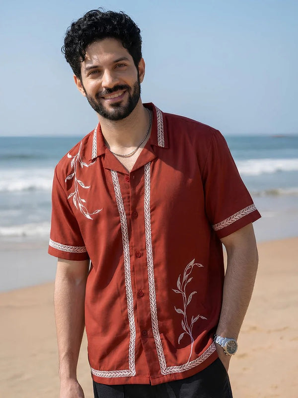 Glarry Crimson Leaf Embroidered Premium Half Sleeve Casual Shirt for Men | Maroon Resort Style Designer Shirt