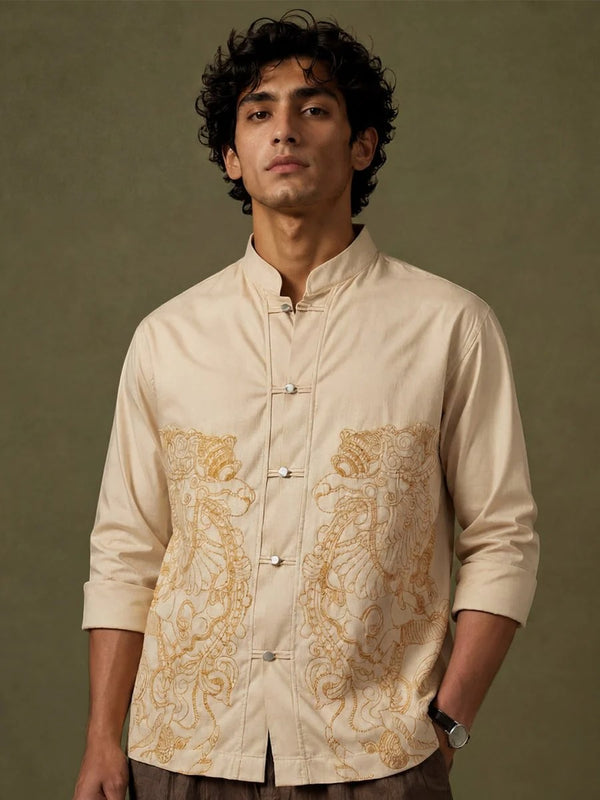 Glarry Simha Yali Embroidered Premium Full Sleeve Casual Shirt for Men | Beige Mandarin Collar Designer Shirt