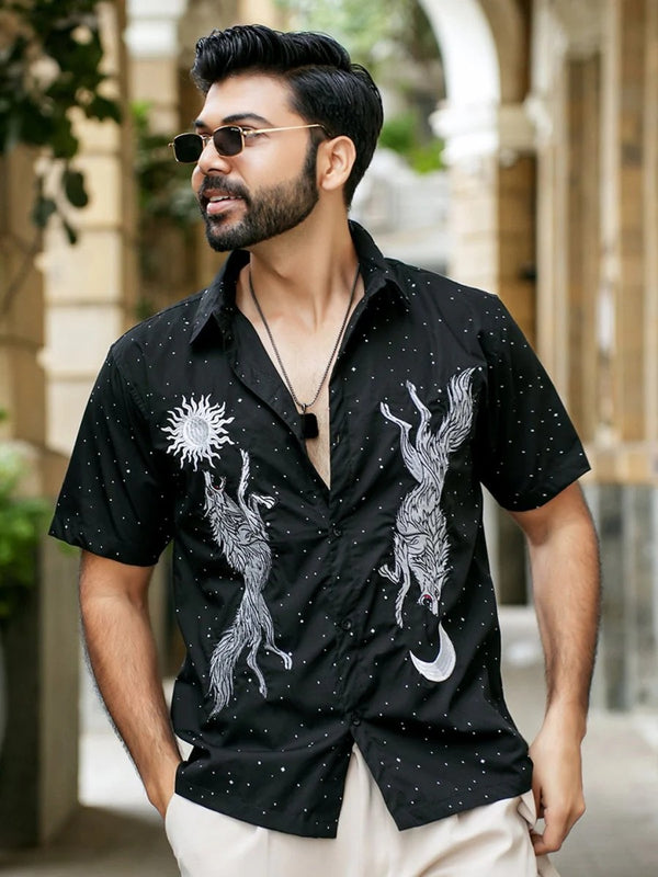 Glarry Celestial Wolf Printed Premium Half Sleeve Casual Shirt for Men | Black Graphic Designer Party Wear Shirt
