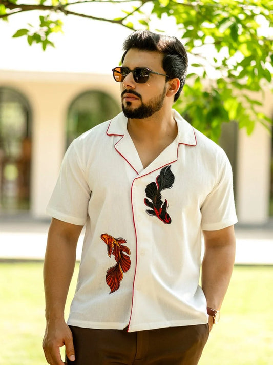 Glarry Twin Fish Embroidered Premium Half Sleeve Casual Shirt for Men | White Resort Style Designer Shirt