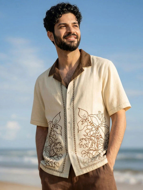 Glarry Coastal Bloom Embroidered Premium Half Sleeve Casual Shirt for Men | Beige & Brown Resort Style Designer Shirt
