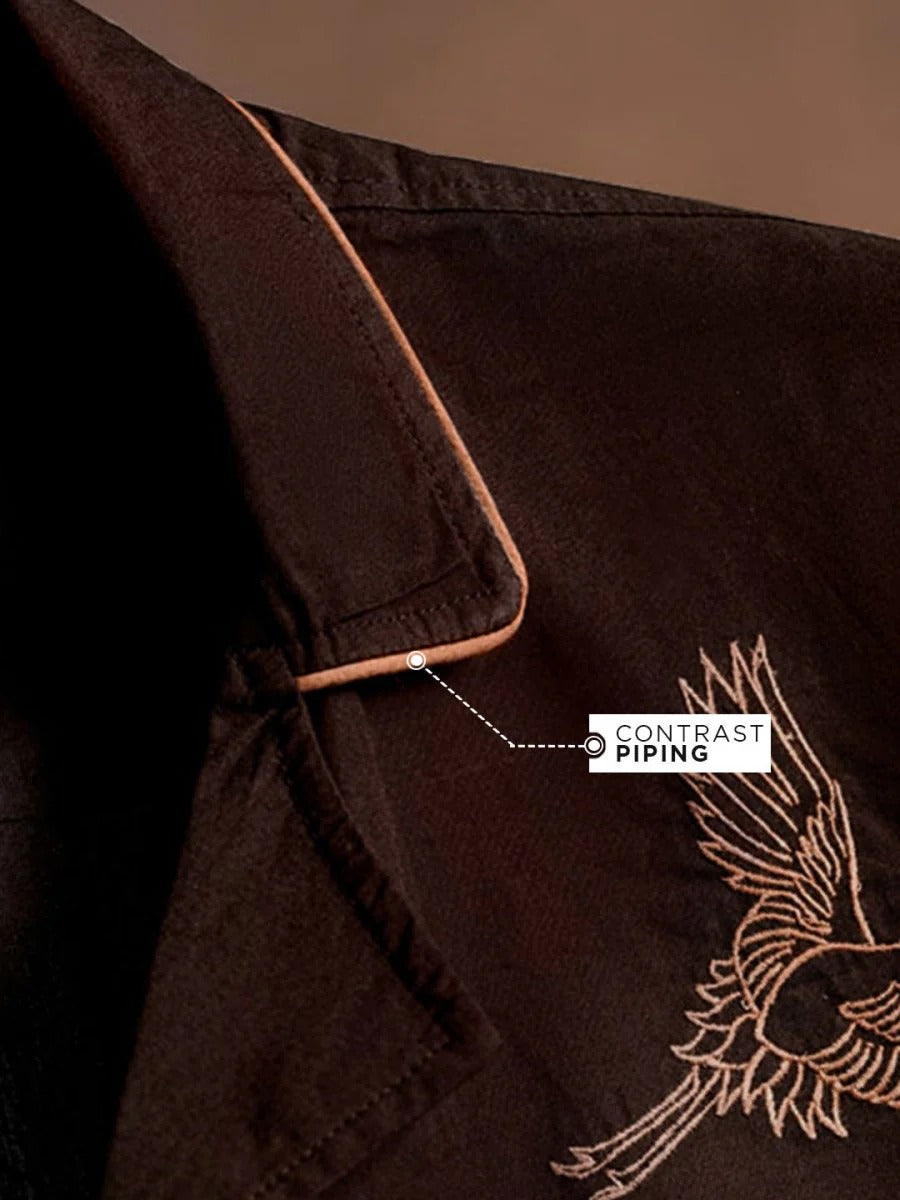 Glarry Bonsai Crane Embroidered Premium Half Sleeve Casual Shirt for Men | Brown Resort Style Designer Shirt